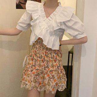 Short-sleeve Ruffle Cropped Blouse / Flower Print Mini A-line Skirt