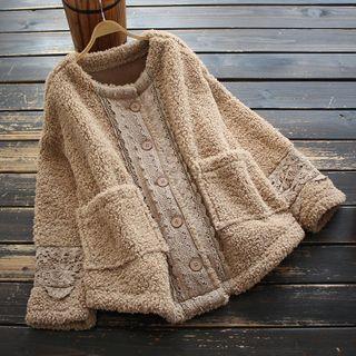 Lace Panel Single-breasted Fleece Jacket