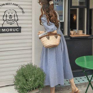 Puff-sleeve Gingham Long Wrap Dress Blue - One Size