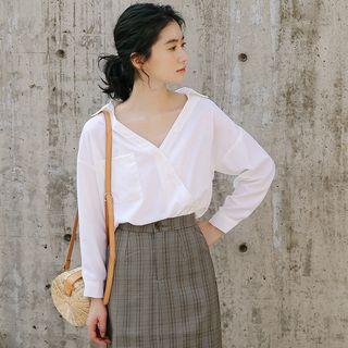 Long-sleeve V-neck Top White - One Size