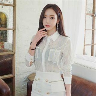 Pocket-front Glitter Sheer Shirt