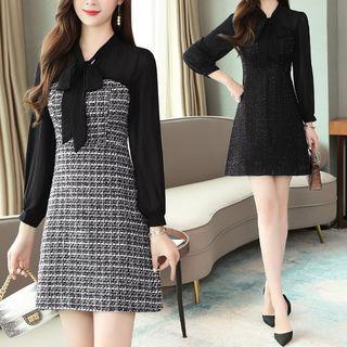 Ribbon Tweed Long-sleeve Mini Dress