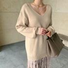 V-neck Woolen Boxy Sweater Light Beige - One Size