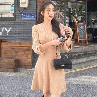 Long-sleeve Cable-knit A-line Dress Almond - One Size
