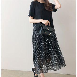 Inset Knit Top Dotted Long Dress