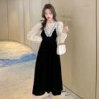 Set: Balloon-sleeve Blouse + V-neck Midi A-line Overall Dress