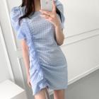 Short-sleeve Plaid Ruffled Drawstring A-line Dress