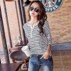 Long-sleeve Striped Buttoned Placket T-shirt