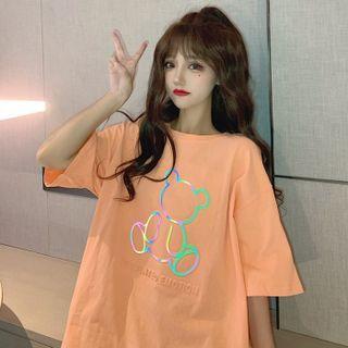 Elbow-sleeve Reflective Bear Print T-shirt