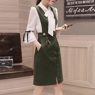Set: Tie-neck Blouse + V-neck Pinafore Dress