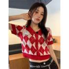 Argyle Button-up Cropped Polo Shirt Red - One Size