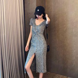Twisted Short-sleeve Slit Midi Sheath Knit Dress