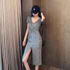 Twisted Short-sleeve Slit Midi Sheath Knit Dress