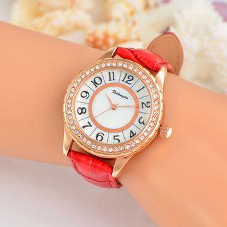 Genuine Leather Rhinestone Strap Watch