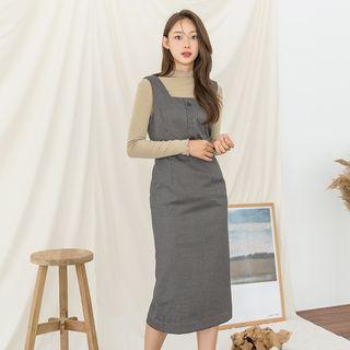 Buttoned Houndstooth Long Pinafore Dress