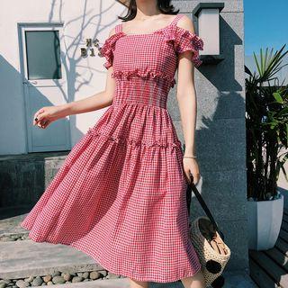 Short-sleeve Cold Shoulder Plaid A-line Midi Dress