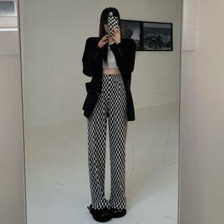 Checkerboard Pattern Wide-leg Pants Checkerboard - Black & White - One Size