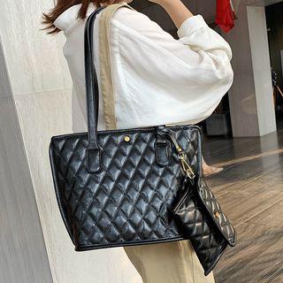 Set: Faux Leather Quilted Tote Bag + Pouch