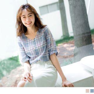 Crochet Trim Short-sleeve Plaid Chiffon Top