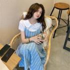 Short-sleeve Polo Shirt / Spaghetti Strap Plaid Midi A-line Dress