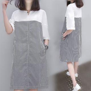 Stripe Panel Elbow-sleeve Shift Dress