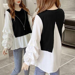 Mock Two-piece Puff-sleeve Ruffled Blouse