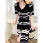 Short-sleeve Striped Knit Dress With Belt - Black - One Size