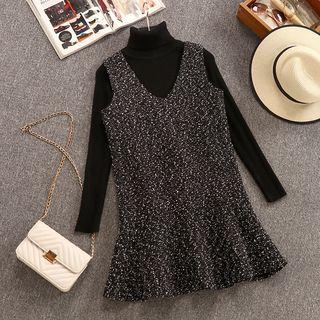 Set: Turtleneck Long-sleeve Knit Top + Sleeveless Mini Knit Dress