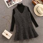Set: Turtleneck Long-sleeve Knit Top + Sleeveless Mini Knit Dress