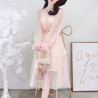 Set: Plain Slipdress + Midi Long-sleeve Mesh Dress