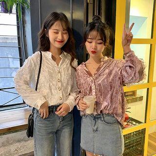 Long-sleeve Lace Panel Velvet Shirt
