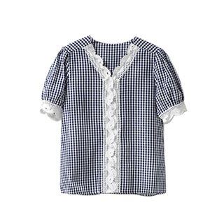 Lace Trim Short-sleeve Plaid Blouse