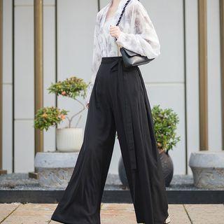 Set: Camisole Top + Wide Leg Pants + Floral Print Shirt + Sash