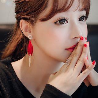 Fringed Dangle Earring E1888 - 1 Pair - Silver Needle - Flower - Red - One Size