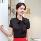 Tie-neck Short-sleeve Shirt / High-waist Mini Pencil Skirt