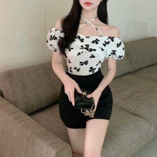 Cold-shoulder Bow Print Blouse / High-waist Shorts