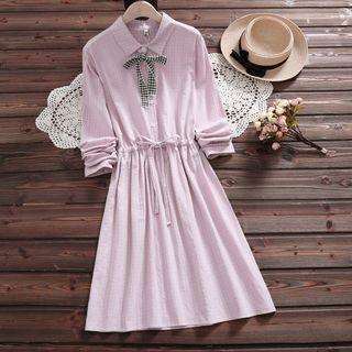 Bow Neck Long-sleeve A-line Shirt Dress