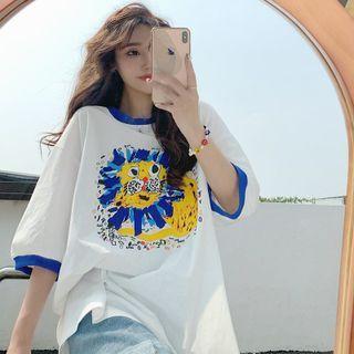 Elbow-sleeve Cartoon Print T-shirt White & Blue - One Size