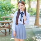 Set: Plain Shirt + Ribbon Neck Tie + Pleated Skirt