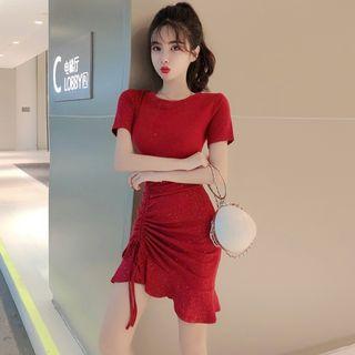 Short-sleeve Frill Trim Drawstring Mini Dress