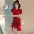 Short-sleeve Frill Trim Drawstring Mini Dress