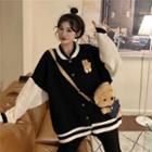 Bear Embroidered Two-tone Cardigan