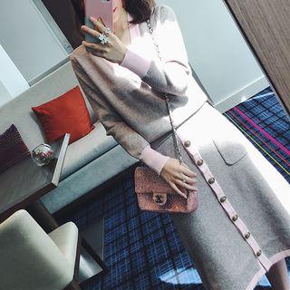 Set: Contrast Trim Sweater + Button Down Midi Knit Skirt