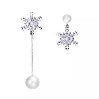 Non-matching Rhinestone Snowflake Faux Leather Dangle Earring 1 Pair - 925 Sterling Silver - White Gold Plating - One Size