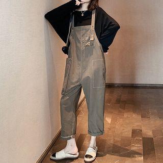 Set: Long-sleeve T-shirt + Stitched Trim Cropped Wide-leg Dungaree