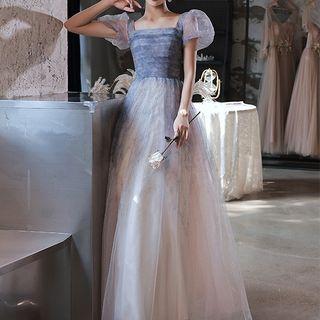 Puff-sleeve Mesh A-line Gown