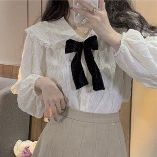 Long-sleeve Peter Pan-collar Bow-accent Shirt White - One Size