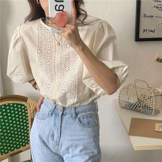 Puff-sleeve Eyelet Lace Panel Blouse Beige - One Size
