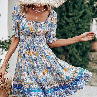Short Sleeve Square-neck Floral Print A-line Mini Dress