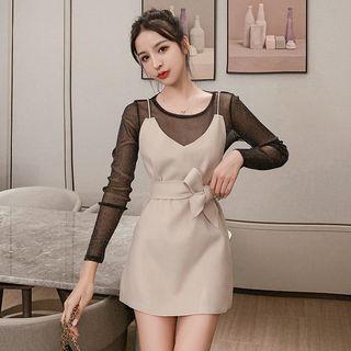 Set: Long-sleeve Glitter Mesh Top + Tie-front Camisole Top